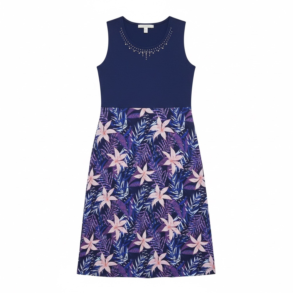 Blair Dress Petite Medium PM Navy Blue Floral Studded Sleeveless Knit